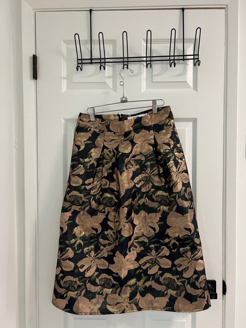 JustFab Black A-Line Skirt with Gold Floral Jacquard